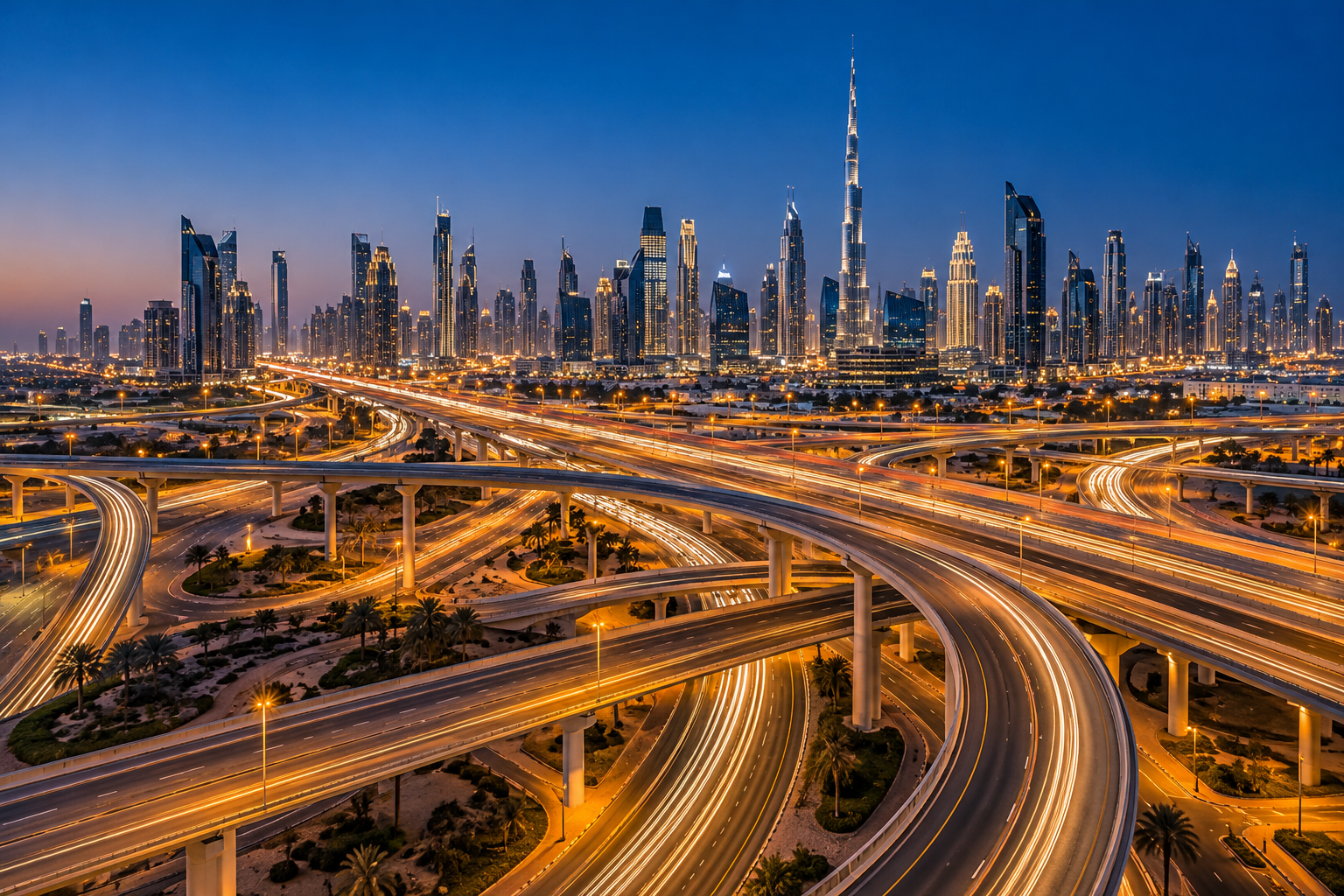 Illustrative UAE highway interchange and modern skyline at blue hour