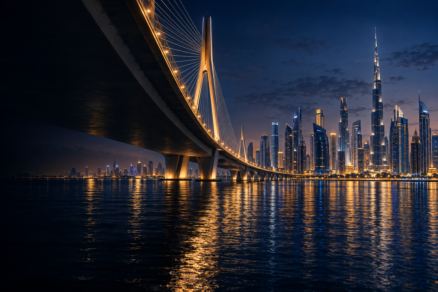 Illustrative cable-stayed bridge beside a Dubai-inspired skyline at blue hour