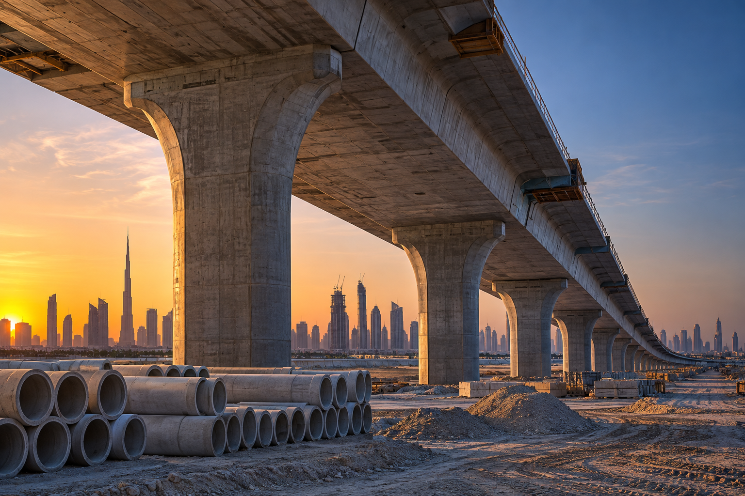 Illustrative elevated concrete highway under construction, with pipe sections in the foreground